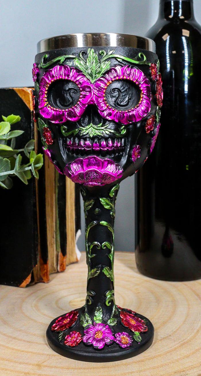 ebros gift Ebros Gothic Black Red Pink Green Day of The Dead Sugar Skull Wine Goblet 7oz