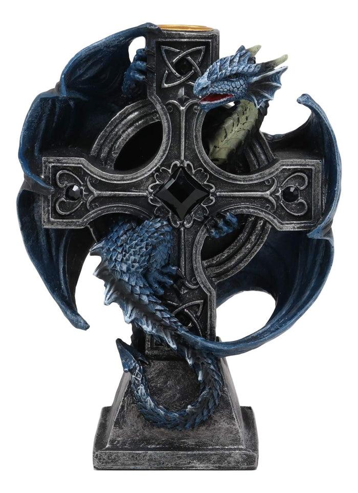 Ebros Gift Ebros Gothic Blue Thracian Dragon Altar Drake Cross Candle Holder Figurine 7" Tall Candleholder Statue Medieval Renaissance Fantasy Decor Dungeons And Dragons Accent Centerpiece