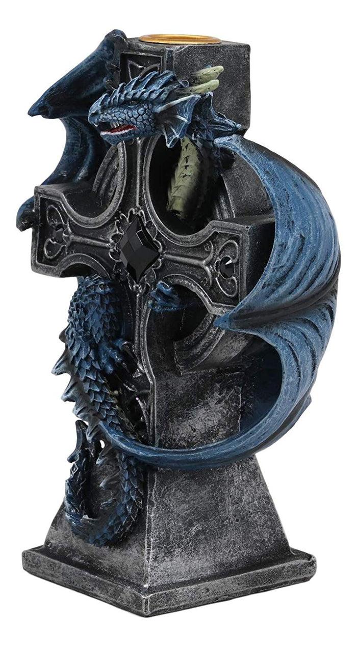 Ebros Gift Ebros Gothic Blue Thracian Dragon Altar Drake Cross Candle Holder Figurine 7" Tall Candleholder Statue Medieval Renaissance Fantasy Decor Dungeons And Dragons Accent Centerpiece