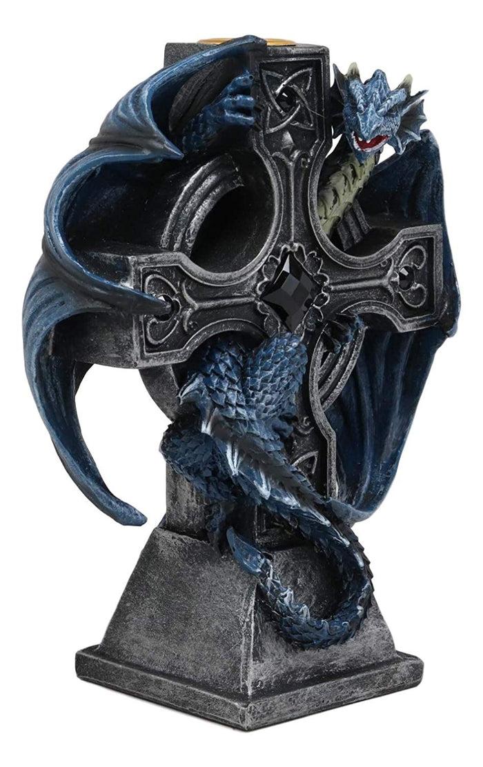 Ebros Gift Ebros Gothic Blue Thracian Dragon Altar Drake Cross Candle Holder Figurine 7" Tall Candleholder Statue Medieval Renaissance Fantasy Decor Dungeons And Dragons Accent Centerpiece