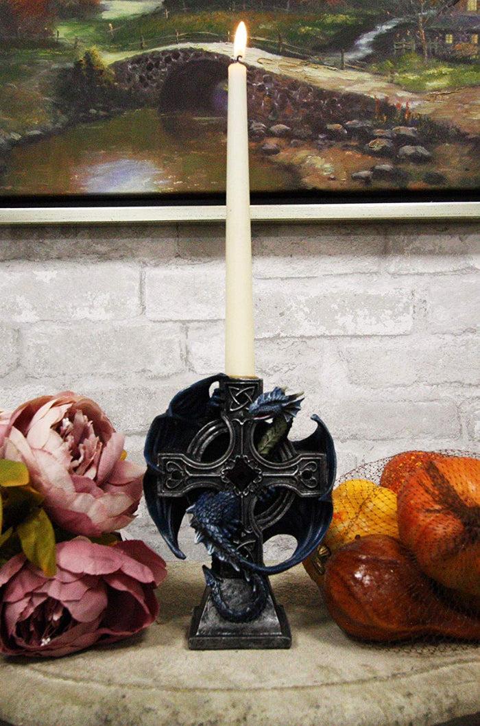 ebros gift Ebros Gothic Blue Thracian Dragon Altar Drake Cross Candle Holder Figurine 7" Tall Candleholder Statue Medieval Renaissance Fantasy Decor Dungeons and Dragons Accent Centerpiece