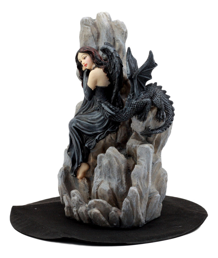 Ebros Gift Ebros Gothic Dark Angel W/ Shadow Dragon On Waterfall Rocky Cliff Figurine 7.5" H