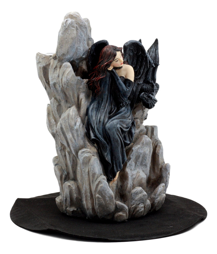 Ebros Gift Ebros Gothic Dark Angel W/ Shadow Dragon On Waterfall Rocky Cliff Figurine 7.5" H