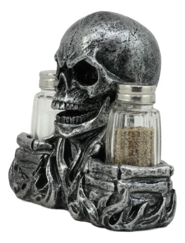 Ebros Gift Ebros Gothic Day Of The Dead Grinning Skull Salt And Pepper Shakers Holder Figurine Set 6.25" Long Fantasy Kitchen Decor Statue