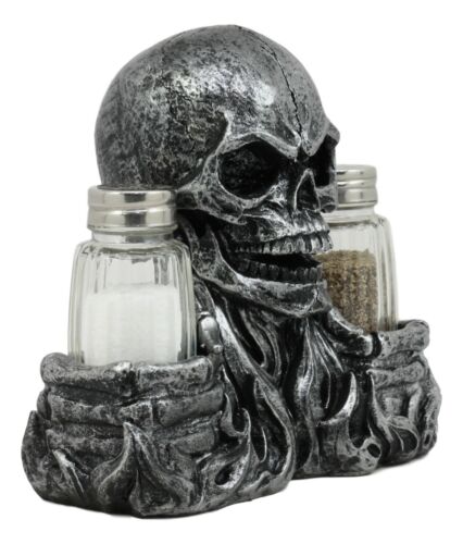 Ebros Gift Ebros Gothic Day Of The Dead Grinning Skull Salt And Pepper Shakers Holder Figurine Set 6.25" Long Fantasy Kitchen Decor Statue