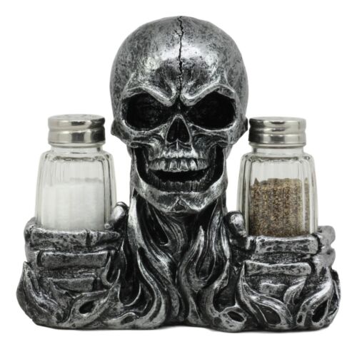 ebros gift Ebros Gothic Day Of The Dead Grinning Skull Salt And Pepper Shakers Holder Figurine Set 6.25" Long Fantasy Kitchen Decor Statue