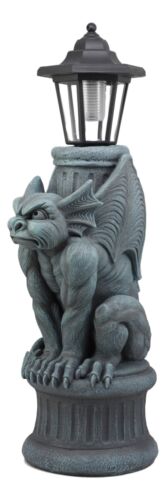 Ebros Gift Ebros Gothic Gargoyle Statue With Solar LED Lantern Light Post 20" Tall Figurine