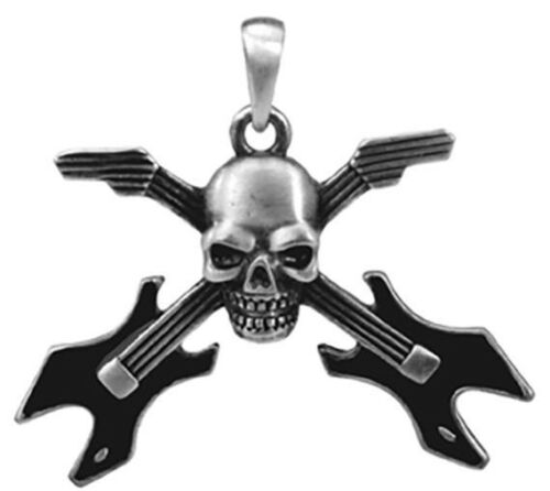 Ebros Gift Ebros Gothic Skull Rocker With Crossed Dual Guitar Pewter Necklace Pendant