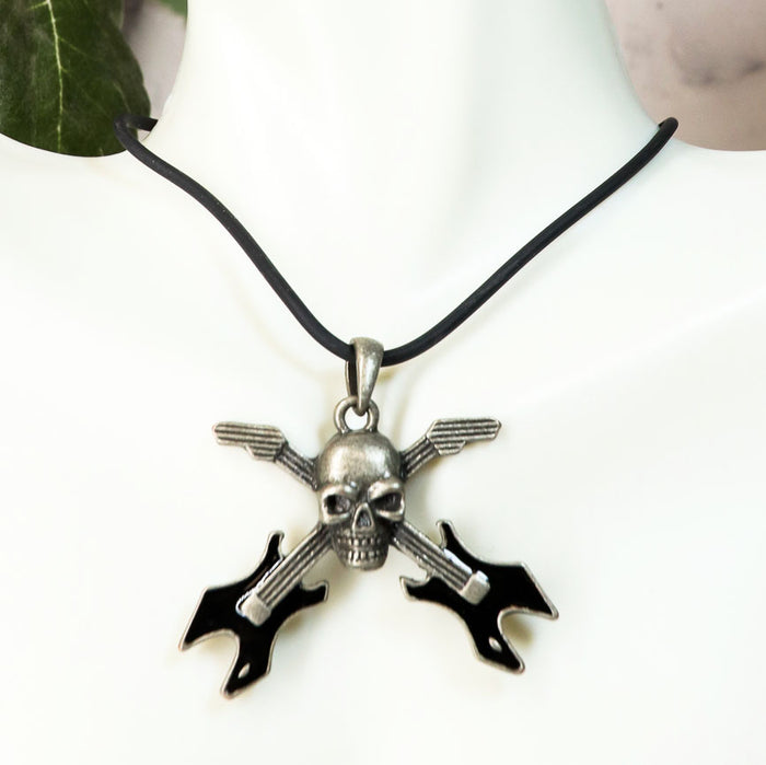 ebros gift Ebros Gothic Skull Rocker With Crossed Dual Guitar Pewter Necklace Pendant