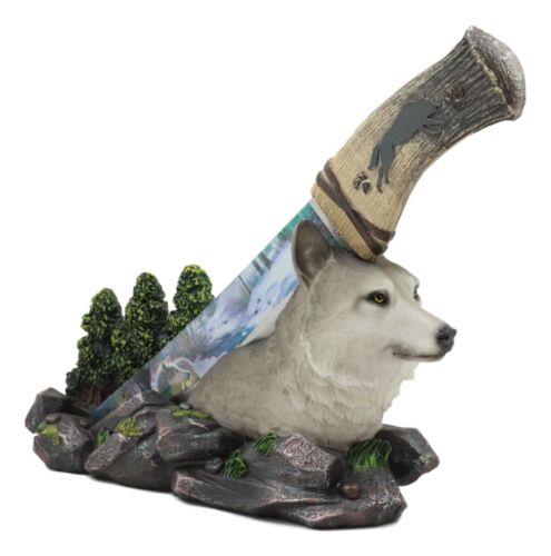 Ebros Gift Ebros Gray Wolf In Forest Scene Centerpiece With Hunting Knife Letter Opener Statue