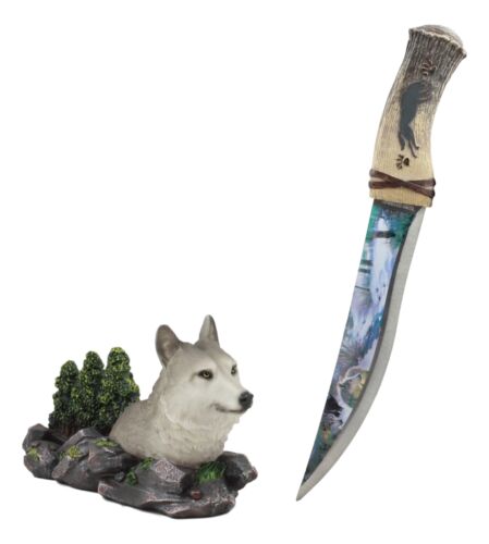 Ebros Gift Ebros Gray Wolf In Forest Scene Centerpiece With Hunting Knife Letter Opener Statue