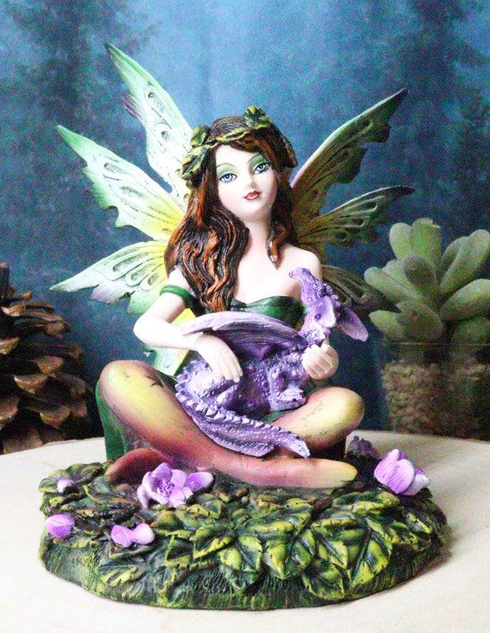ebros gift Ebros Green Gaia Earth Tribal Fairy With Purple Baby Dragon Wyrmling Fantasy Figurine