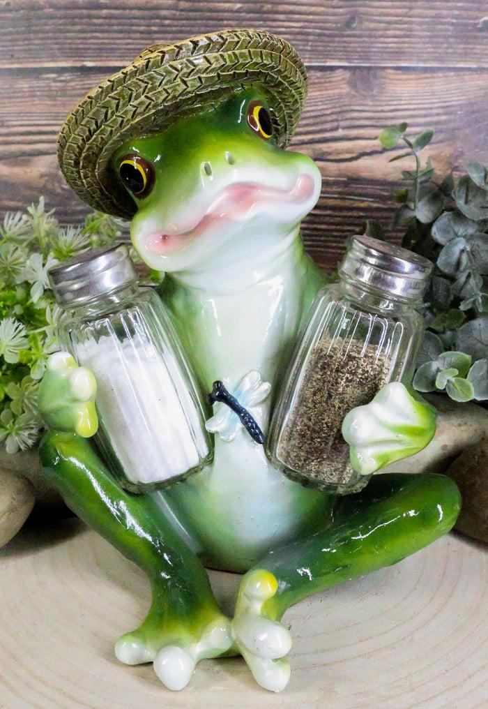 ebros gift Ebros Green Toad Tree Frog With Sombrero Glass Salt Pepper Shakers Holder Set
