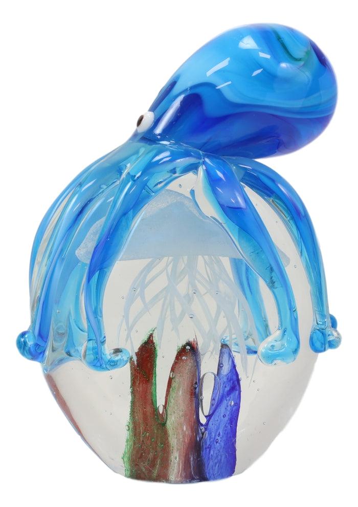Ebros Gift Ebros Hand Blown Glass Glow In The Dark Jellyfish W/ Blue Octopus Figurine