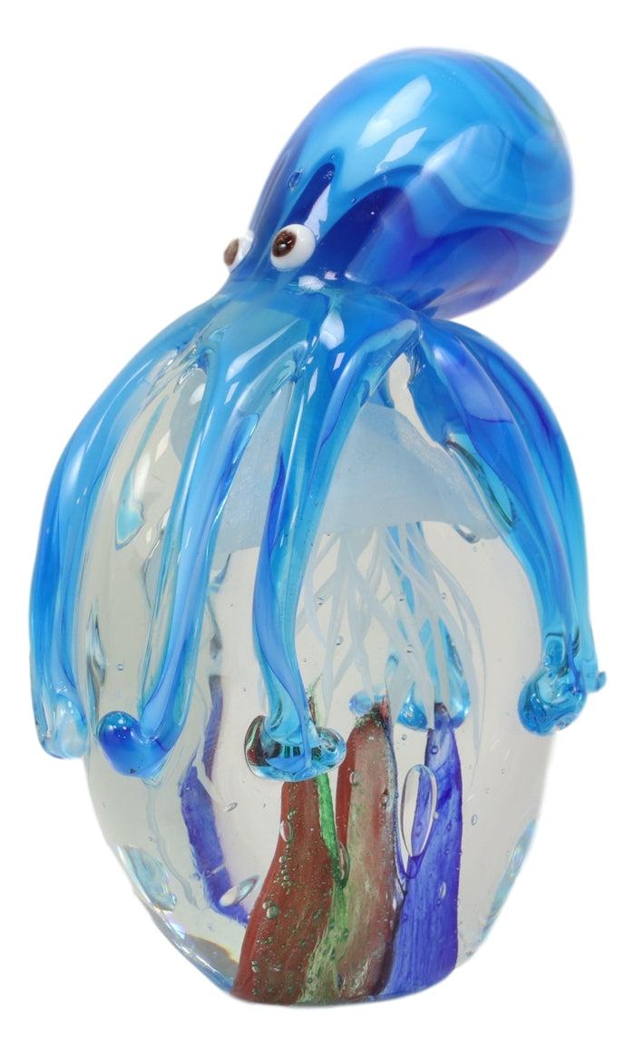 Ebros Gift Ebros Hand Blown Glass Glow In The Dark Jellyfish W/ Blue Octopus Figurine