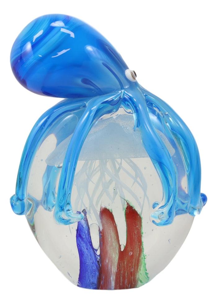 Ebros Gift Ebros Hand Blown Glass Glow In The Dark Jellyfish W/ Blue Octopus Figurine