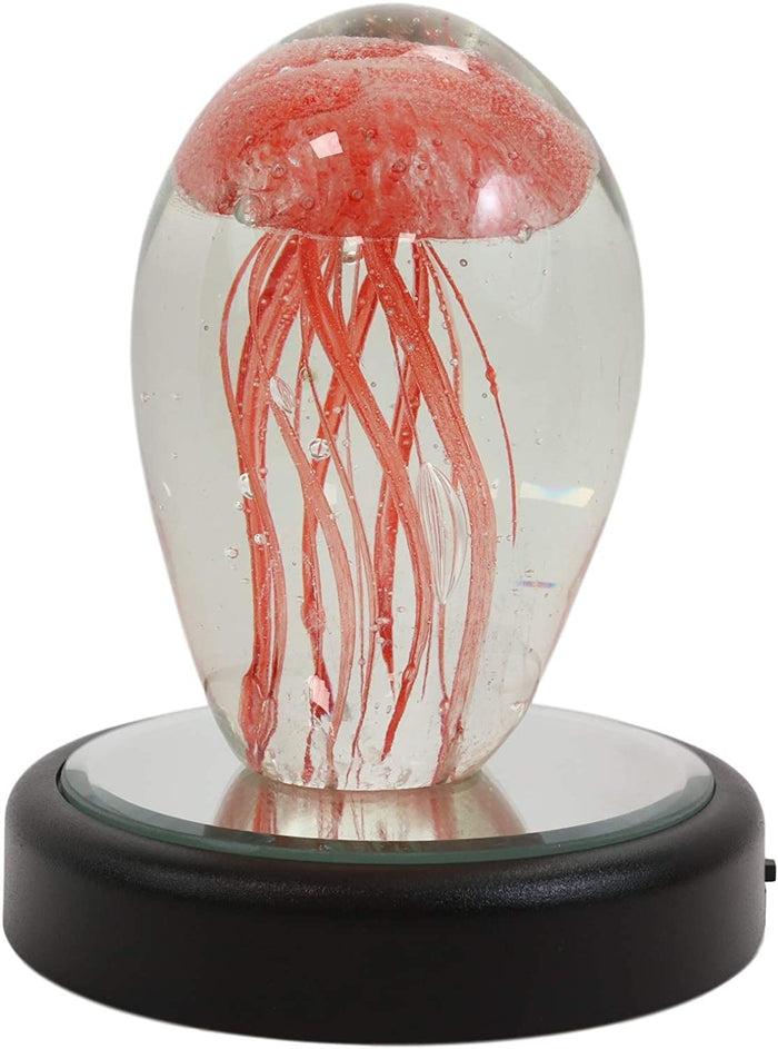 Ebros Gift Ebros Hand Blown Glass Glow In The Dark Translucent Jellyfish & LED Base (Red)