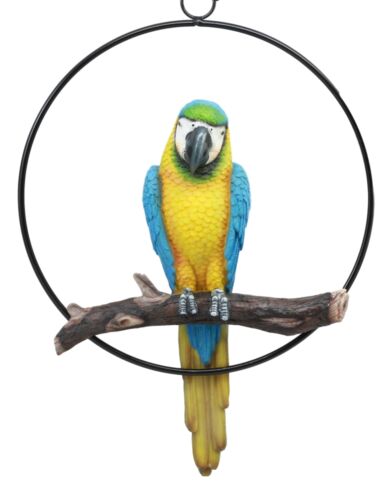 Ebros Gift Ebros Hanging Blue And Gold Macaw Perching On Branch In Metal Round Ring 13.5"H