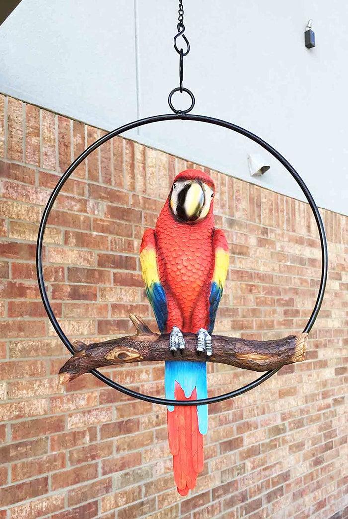 Ebros Gift Ebros Hanging Scarlet Macaw Parrot Perching On Branch In Metal Round Ring Figurine 13.5" H