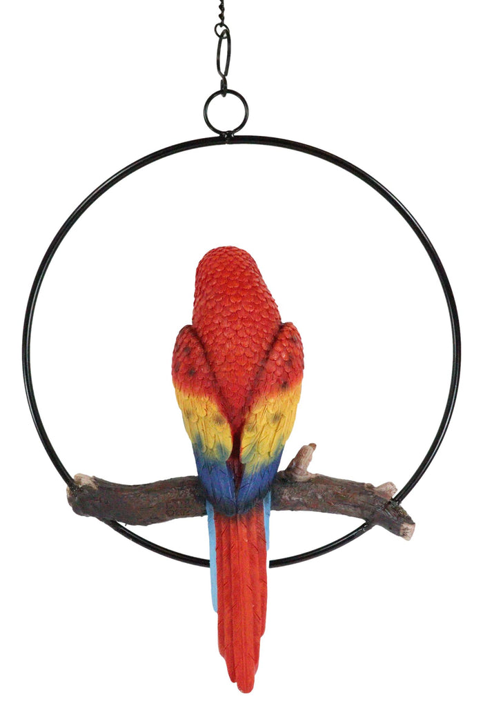 Ebros Gift Ebros Hanging Scarlet Macaw Parrot Perching On Branch In Metal Round Ring Figurine 13.5" H