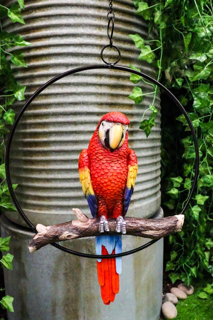 ebros gift Ebros Hanging Scarlet Macaw Parrot Perching on Branch in Metal Round Ring Figurine 13.5" H
