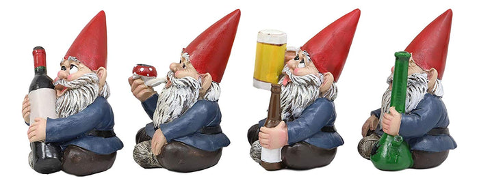 Ebros Gift Ebros Happy Times Drunk And High Gnome Figurines Collectible Set Of 4 Whimsical Dwarf Gnomes Home Shelf Decors Miniature Statues 3.5" Tall Party Celebration Of Wine Beer Weed Bong Magic Mushroom