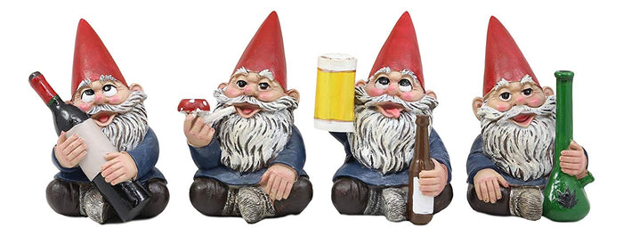 Ebros Gift Ebros Happy Times Drunk And High Gnome Figurines Collectible Set Of 4 Whimsical Dwarf Gnomes Home Shelf Decors Miniature Statues 3.5" Tall Party Celebration Of Wine Beer Weed Bong Magic Mushroom