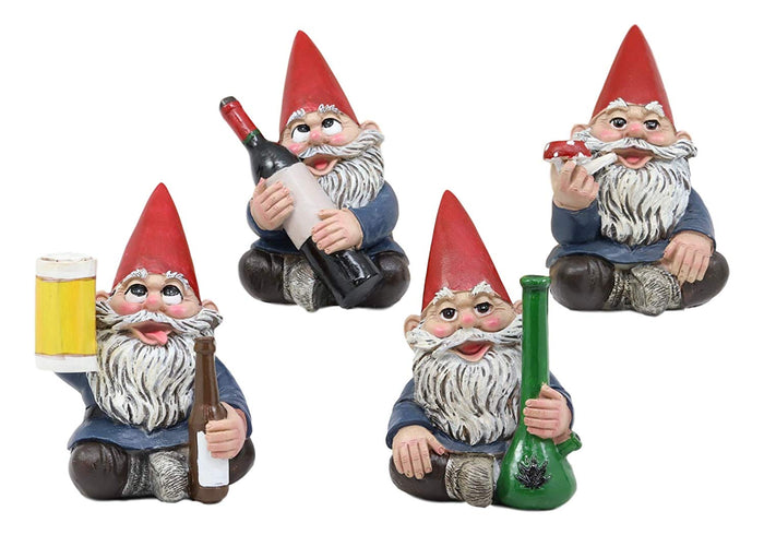 ebros gift Ebros Happy Times Drunk and High Gnome Figurines Collectible Set of 4 Whimsical Dwarf Gnomes Home Shelf Decors Miniature Statues 3.5" Tall Party Celebration of Wine Beer Weed Bong Magic Mushroom