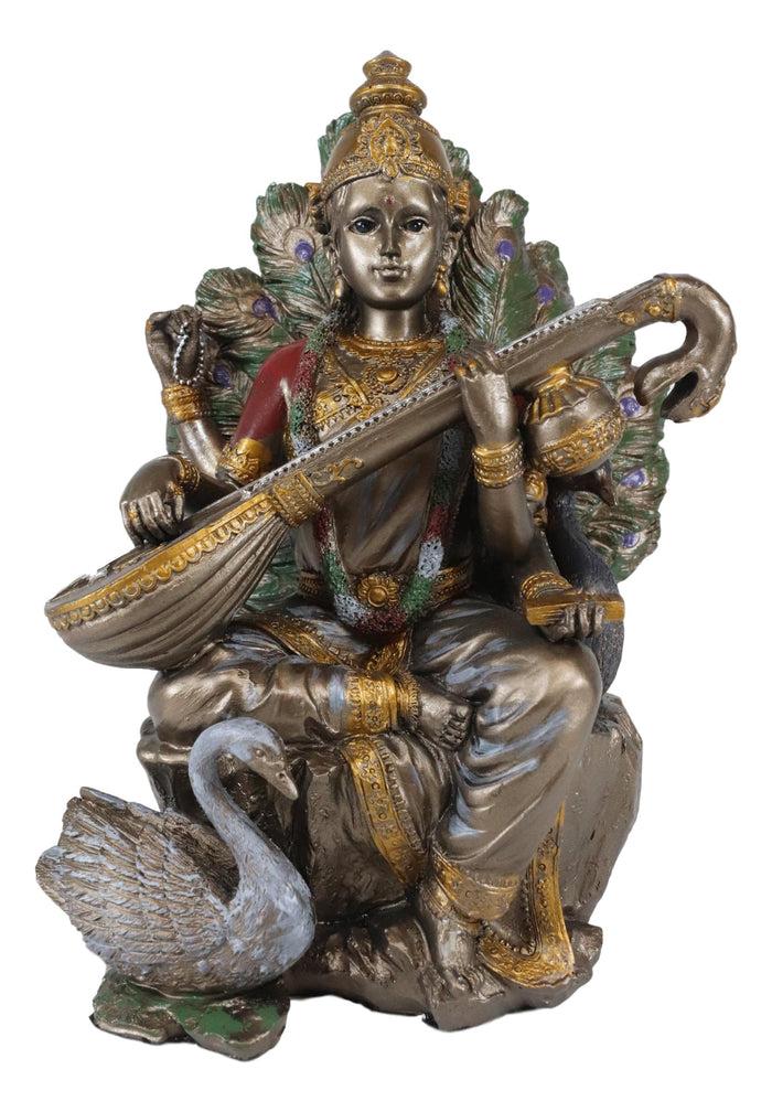 Ebros Gift Ebros Hindu Goddess Saraswati Playing Veena With Swan On Peacock Throne Figurine