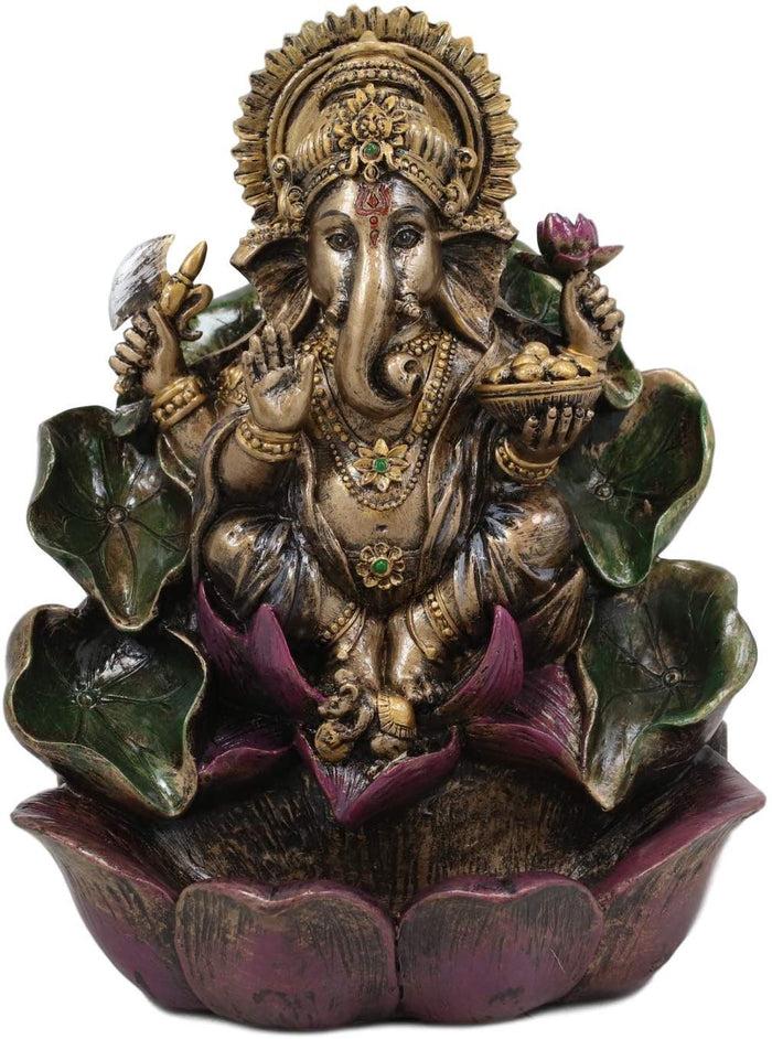 Ebros Gift Ebros Hindu Lord Ganesha On Lotus Backflow Cone Incense Burner Statue 6" Tall