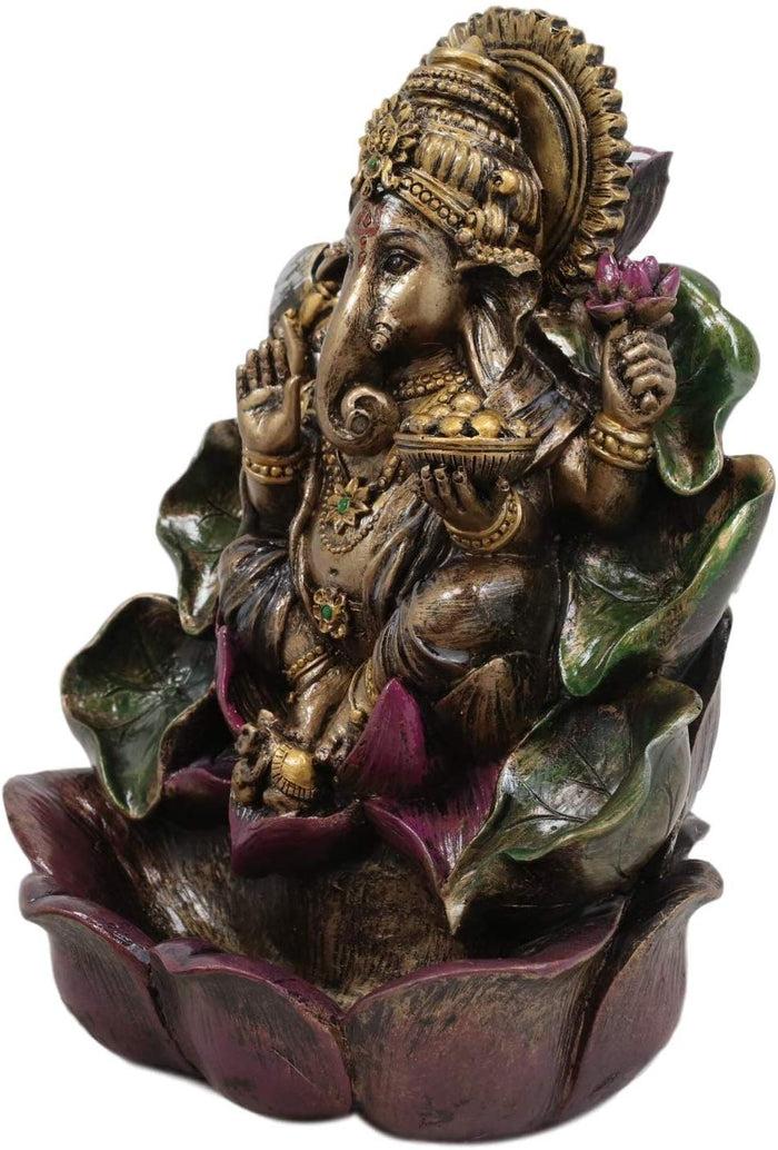 Ebros Gift Ebros Hindu Lord Ganesha On Lotus Backflow Cone Incense Burner Statue 6" Tall