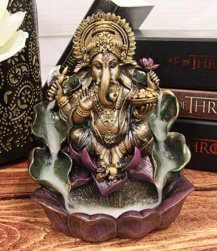 ebros gift Ebros Hindu Lord Ganesha On Lotus Backflow Cone Incense Burner Statue 6" Tall