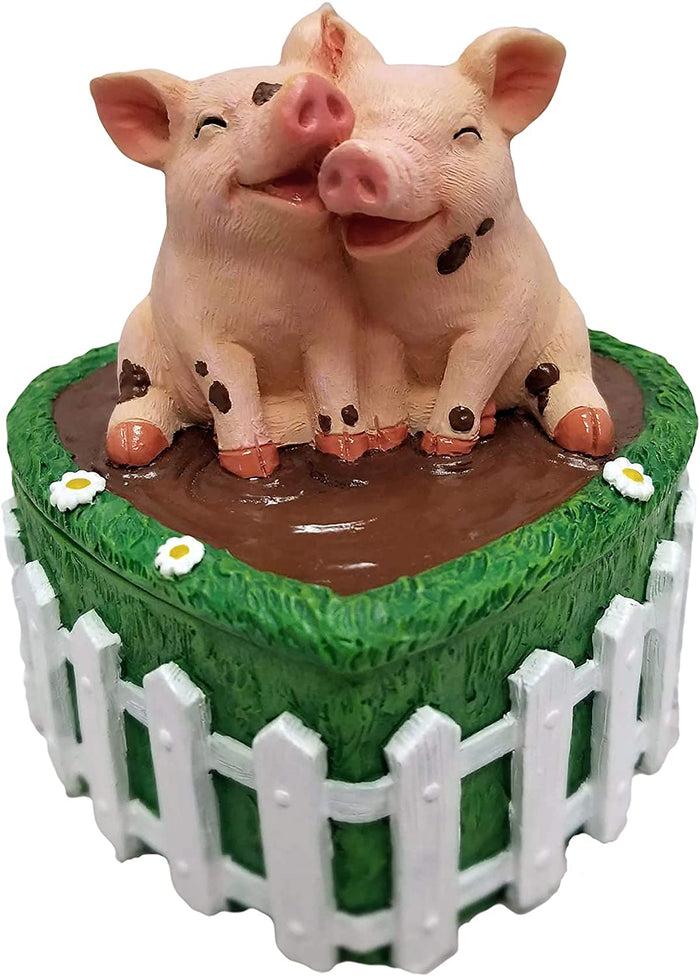 ebros gift Ebros Hog Wild Holder Pig Couple in Mud Puddle Lidded Heart Shaped Trinket Box