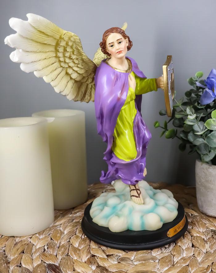 Ebros Gift Ebros Holy Archangel Saint Saeltiel Carrying Shield Of Faith Statue With Brass Name Plate 10" Tall Angel Selaphiel Patron Of Worship Intercession And Prayer Of God Altar Collectible Figurine