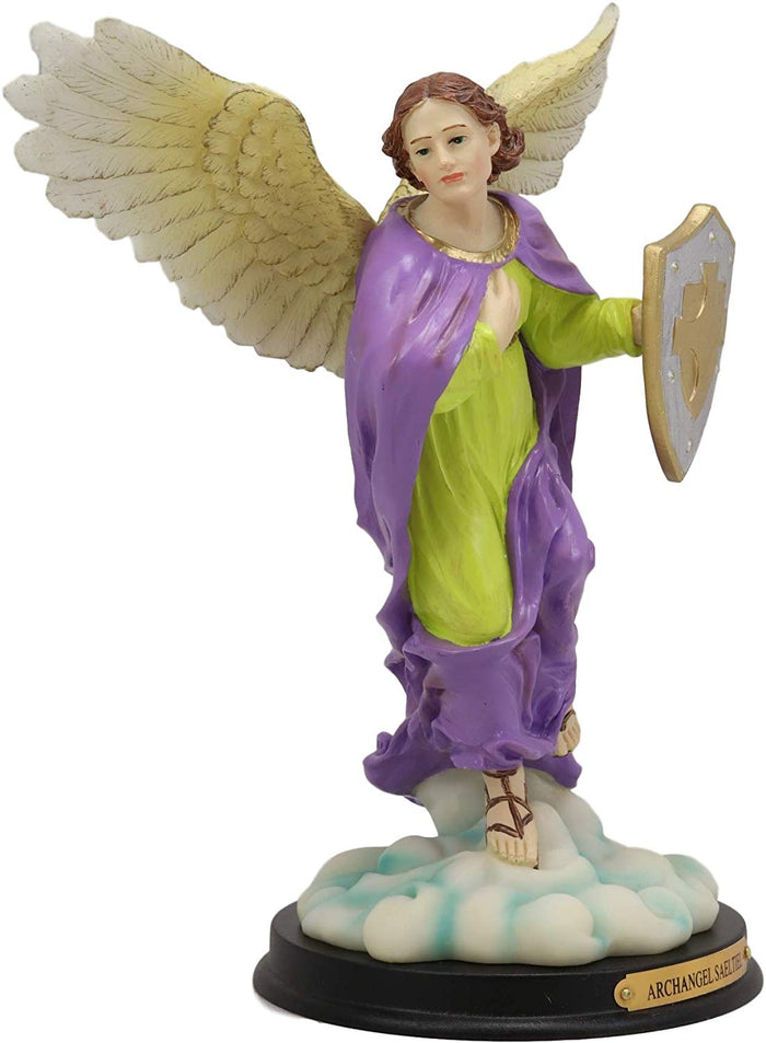 Ebros Gift Ebros Holy Archangel Saint Saeltiel Carrying Shield Of Faith Statue With Brass Name Plate 10" Tall Angel Selaphiel Patron Of Worship Intercession And Prayer Of God Altar Collectible Figurine