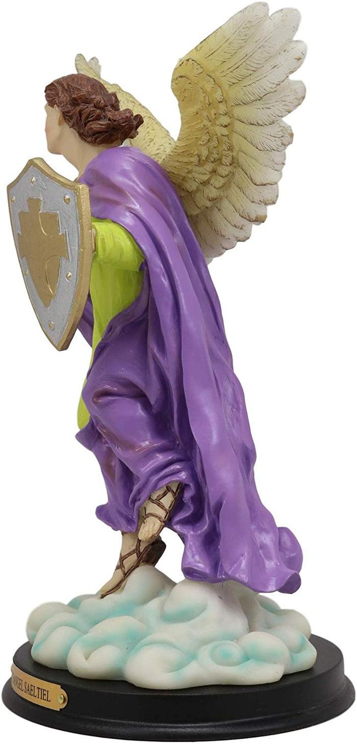 Ebros Gift Ebros Holy Archangel Saint Saeltiel Carrying Shield Of Faith Statue With Brass Name Plate 10" Tall Angel Selaphiel Patron Of Worship Intercession And Prayer Of God Altar Collectible Figurine