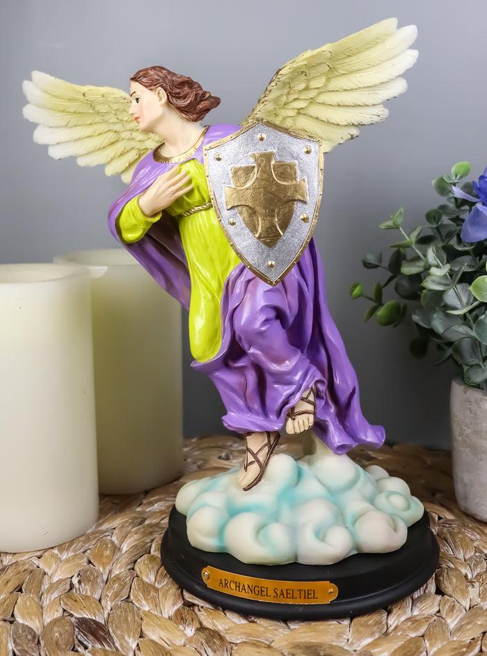ebros gift Ebros Holy Archangel Saint Saeltiel Carrying Shield of Faith Statue with Brass Name Plate 10" Tall Angel Selaphiel Patron of Worship Intercession and Prayer of God Altar Collectible Figurine