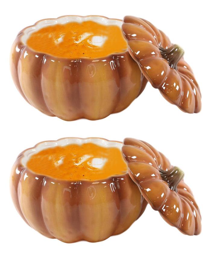 Ebros Gift Ebros Home And Kitchen Orange Ceramic Pumpkin Soup Or Dessert Bowl With Lid Set Of 2