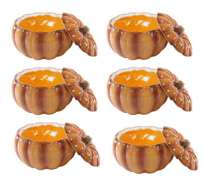 ebros gift Ebros Home And Kitchen Orange Ceramic Pumpkin Soup Or Dessert Bowl With Lid Set of 6