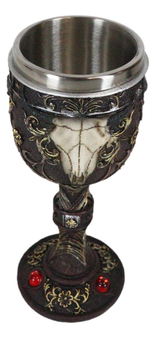 Ebros Gift Ebros Horned Wild Bison Steer Tribal Skull Red Cyrstals Maroon Wine Chalice Goblet Cup