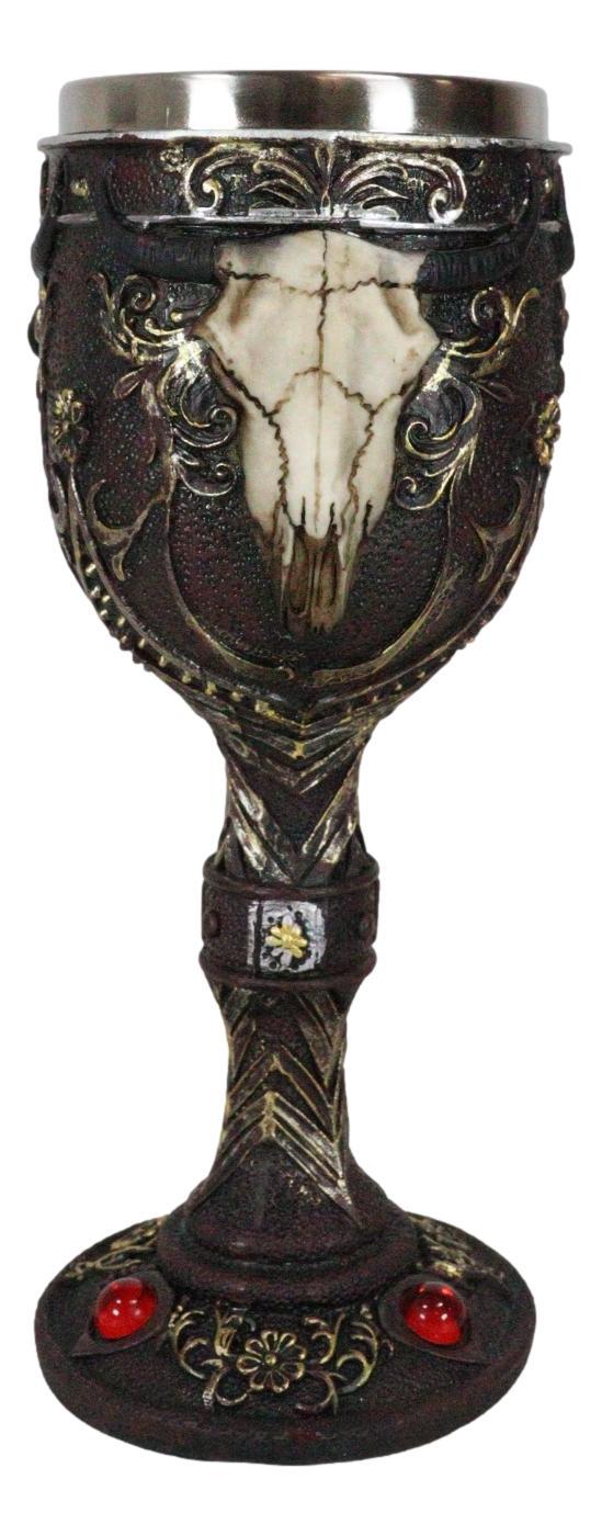 Ebros Gift Ebros Horned Wild Bison Steer Tribal Skull Red Cyrstals Maroon Wine Chalice Goblet Cup