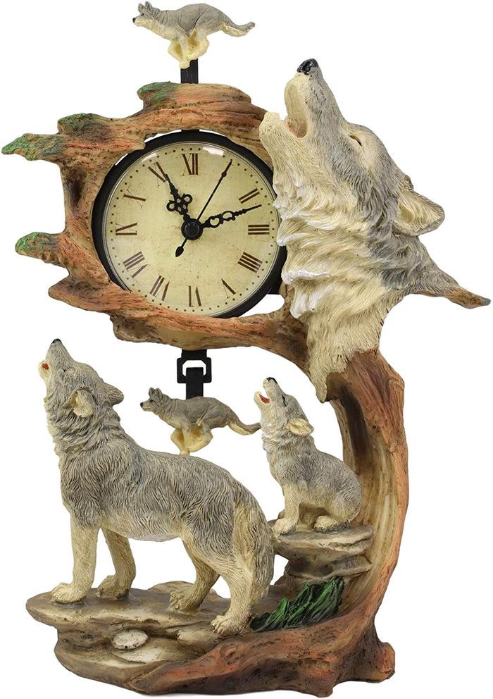 Ebros Gift Ebros Howling Gray Wolves Family Table Clock With Pendulum 10.5" Height Decor