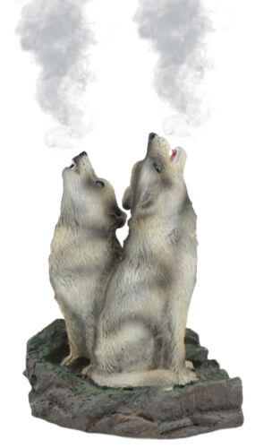 ebros gift Ebros Howling Twin Gray Wolves Incense Burner Figurine 5.5 Inch Tall As Home Fragrance Decor Figurine