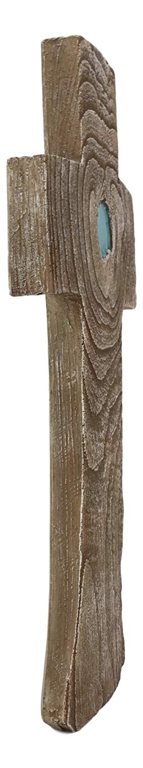 Ebros Gift Ebros Inspirational Faux Wood Rustic Tree Rings Bark With Turquoise Inlay Wall Cross Crucifix Decor Plaque Crosses Vintage Art Sculpture 16.75" Tall Catholic Christian Decorative Accent