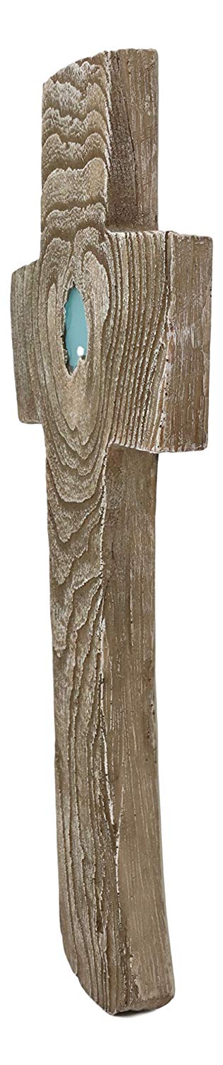 Ebros Gift Ebros Inspirational Faux Wood Rustic Tree Rings Bark With Turquoise Inlay Wall Cross Crucifix Decor Plaque Crosses Vintage Art Sculpture 16.75" Tall Catholic Christian Decorative Accent