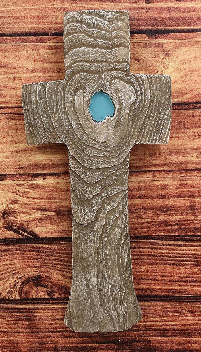 ebros gift Ebros Inspirational Faux Wood Rustic Tree Rings Bark with Turquoise Inlay Wall Cross Crucifix Decor Plaque Crosses Vintage Art Sculpture 16.75" Tall Catholic Christian Decorative Accent