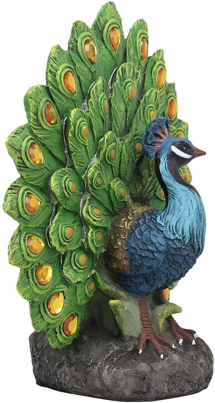 Ebros Gift Ebros Iridescent Peacock With Gold Gemstone Train Feathers Solar LED Light Statue 11"H