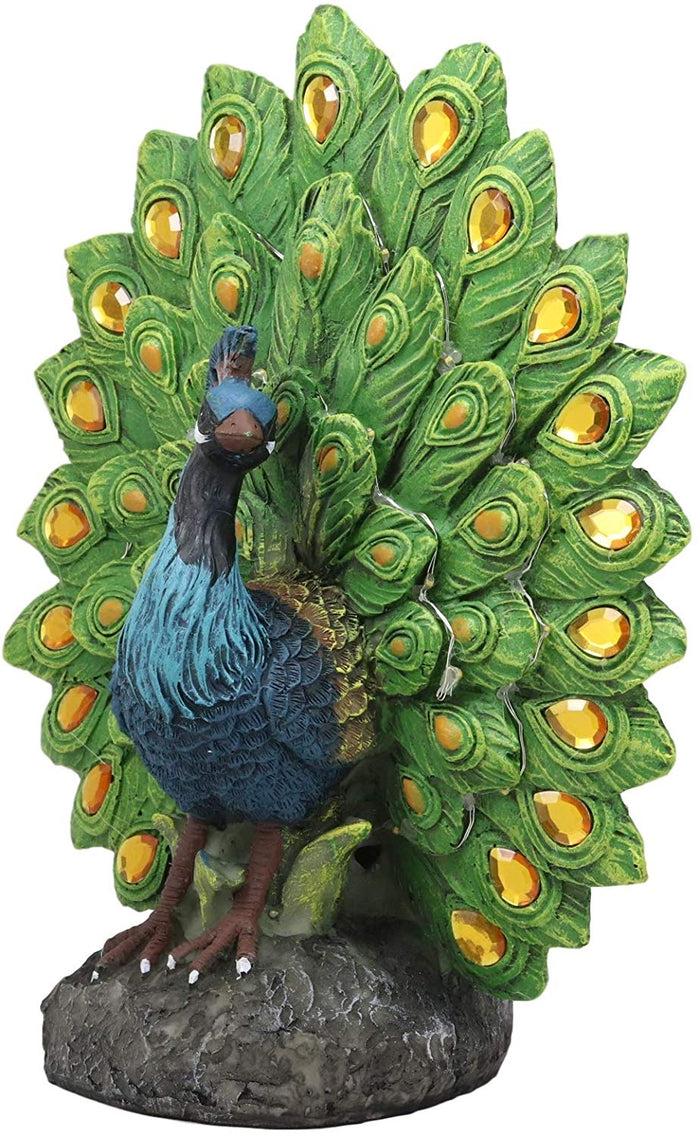 Ebros Gift Ebros Iridescent Peacock With Gold Gemstone Train Feathers Solar LED Light Statue 11"H