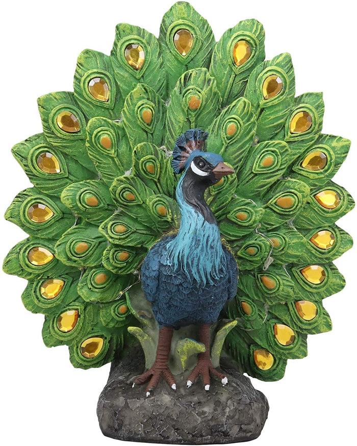 Ebros Gift Ebros Iridescent Peacock With Gold Gemstone Train Feathers Solar LED Light Statue 11"H
