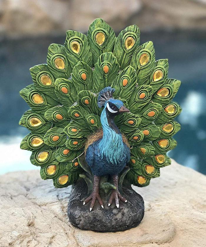 ebros gift Ebros Iridescent Peacock With Gold Gemstone Train Feathers Solar LED Light Statue 11"H